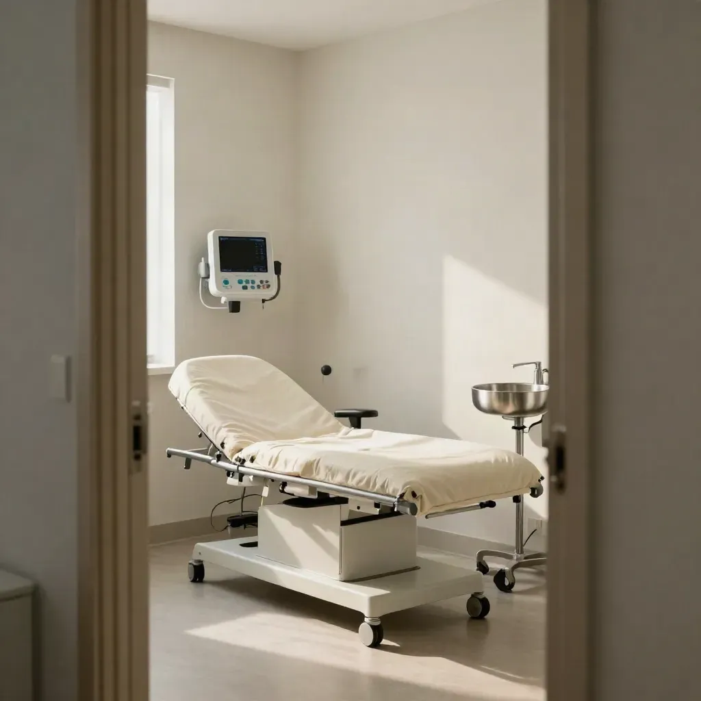 Pristine family-clinic exam room with open doorway, diagnostic tools, prepared couch and folded linen