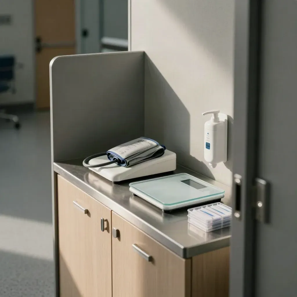 Empty occupational-health screening bay with blood-pressure station, scale and sealed test kits