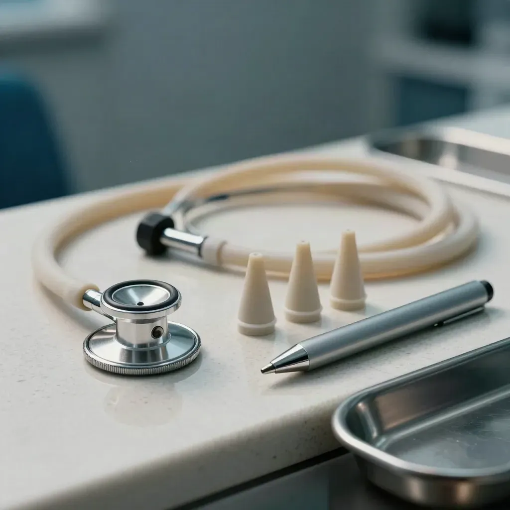 Macro of nurse practitioner tools on travertine: stethoscope diaphragm, otoscope tips, penlight, tubing.