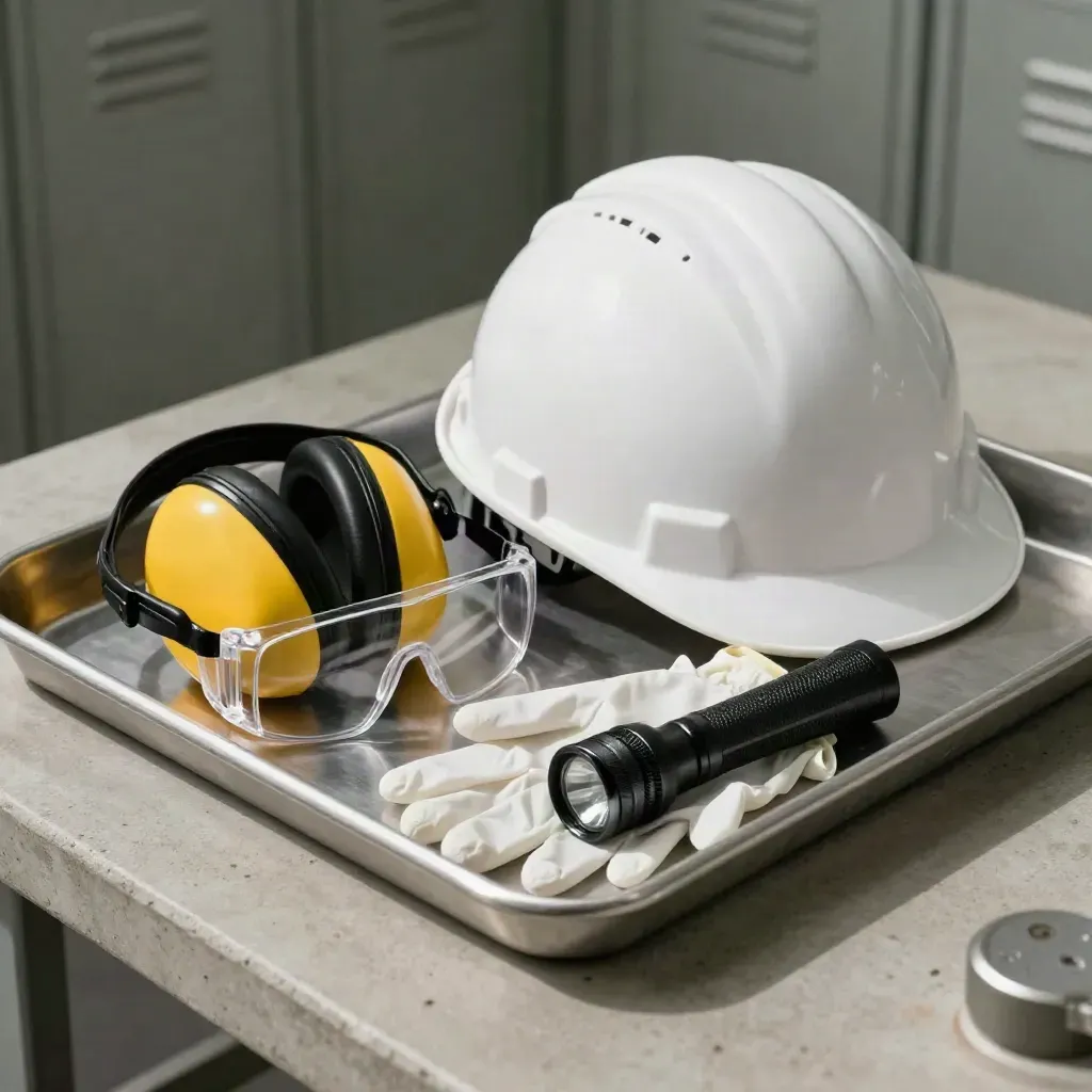 Top-down occupational health kit with hard hat, safety glasses, hearing protection, gloves, flashlight.
