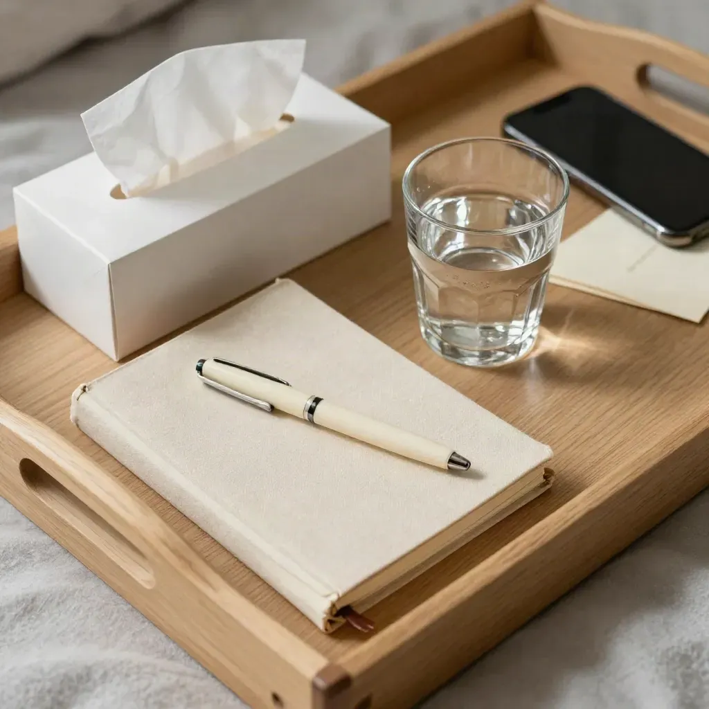 Pale oak tray still life with journal, pen, tissues, water, and dark phone for intake prep.