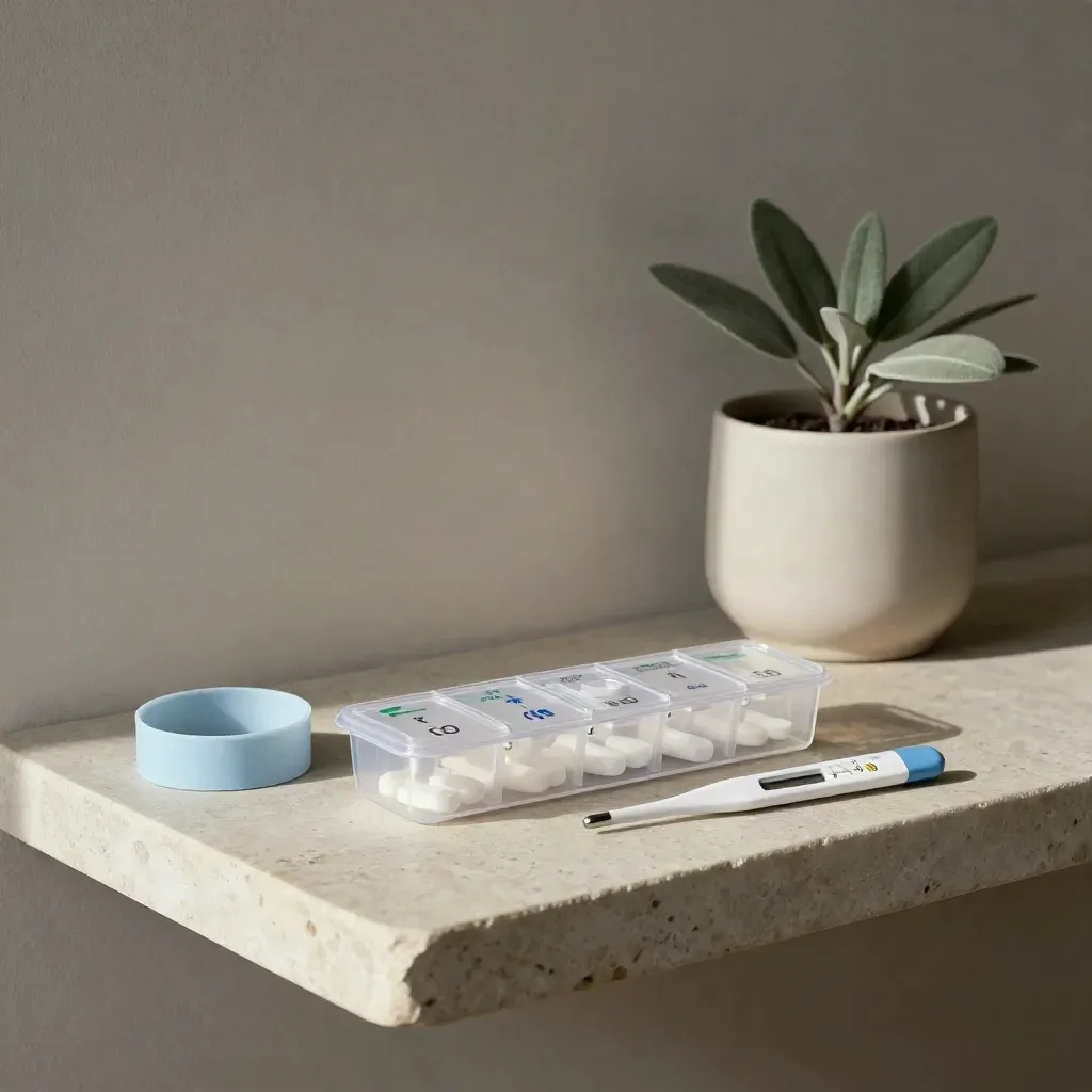Pill organizer, resistance band, thermometer and plant on a stone shelf