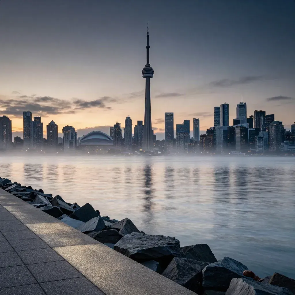 Toronto skyline with CN Tower over hazy Lake Ontario at blue hour